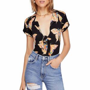 FREE PEOPLE Women’s Black Ready Set Sail Butterfly Print Tie Front Top Medium
